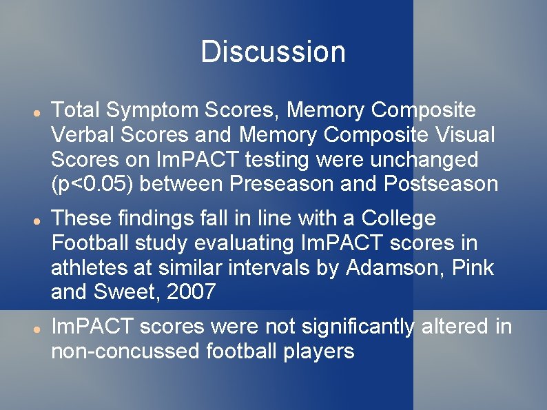 Discussion Total Symptom Scores, Memory Composite Verbal Scores and Memory Composite Visual Scores on