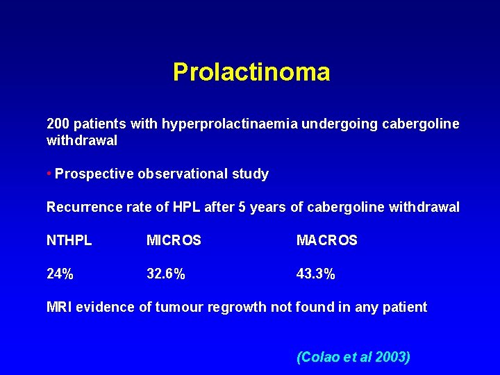 Prolactinoma 200 patients with hyperprolactinaemia undergoing cabergoline withdrawal • Prospective observational study Recurrence rate