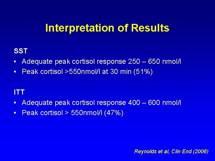 Interpretation of Results SST • Adequate peak cortisol response 250 – 650 nmol/l •