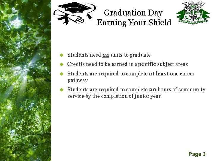 Graduation Day Earning Your Shield Students need 24 units to graduate Credits need to