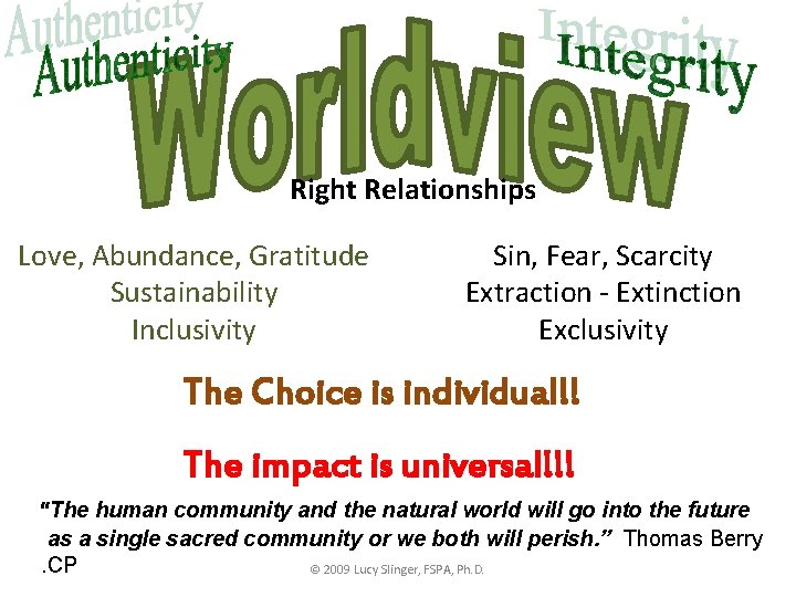 Right Relationships Love, Abundance, Gratitude Sustainability Inclusivity Sin, Fear, Scarcity Extraction - Extinction Exclusivity