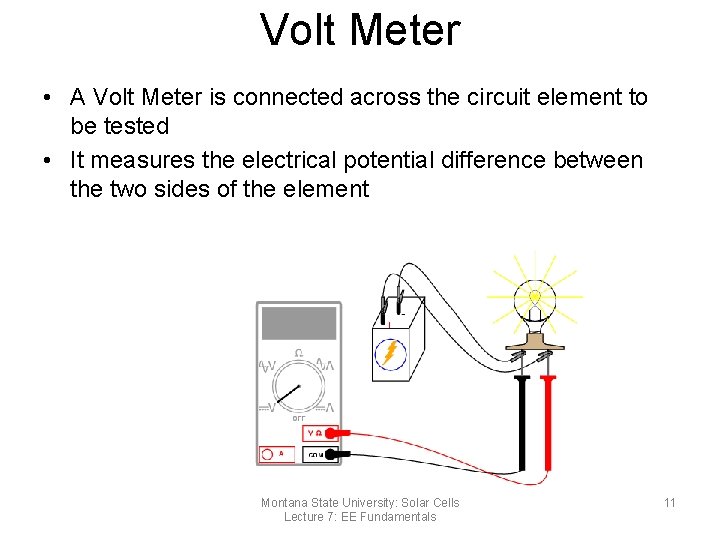 Volt Meter • A Volt Meter is connected across the circuit element to be