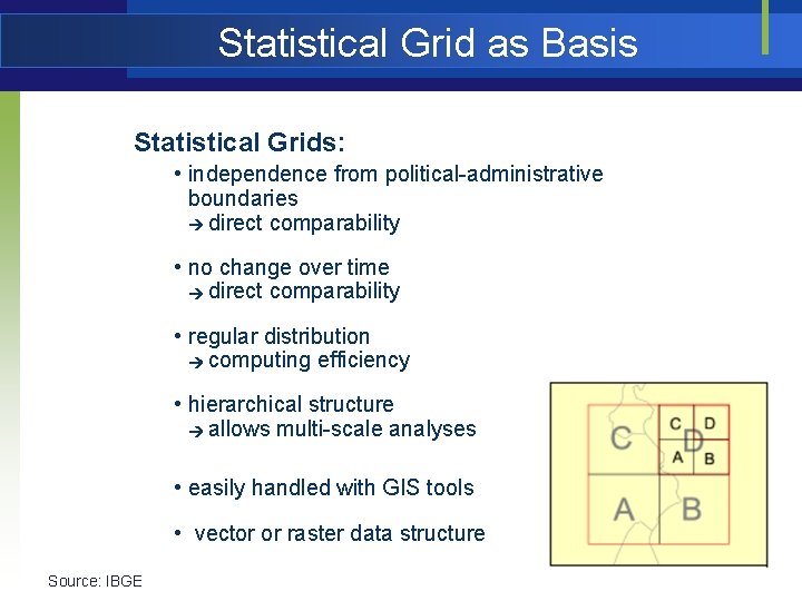 Statistical Grid as Basis Statistical Grids: • independence from political-administrative boundaries direct comparability •