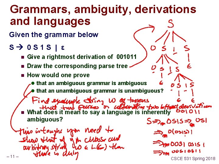 Grammars, ambiguity, derivations and languages Given the grammar below S 0 S 1 S