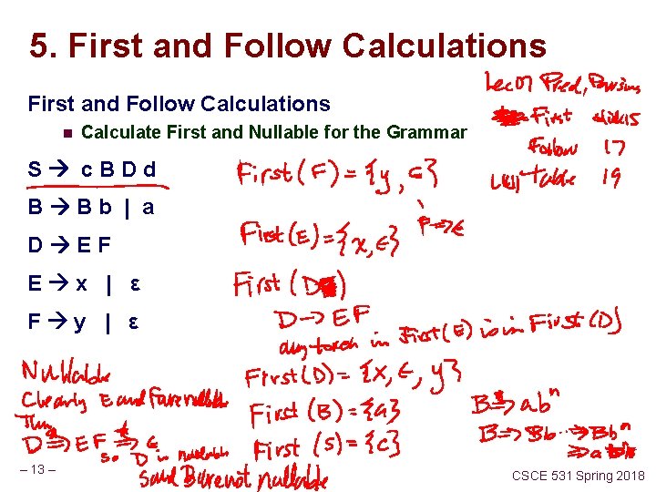 5. First and Follow Calculations n Calculate First and Nullable for the Grammar S