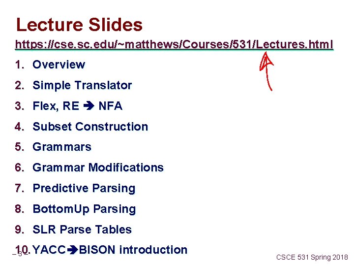 Lecture Slides https: //cse. sc. edu/~matthews/Courses/531/Lectures. html 1. Overview 2. Simple Translator 3. Flex,