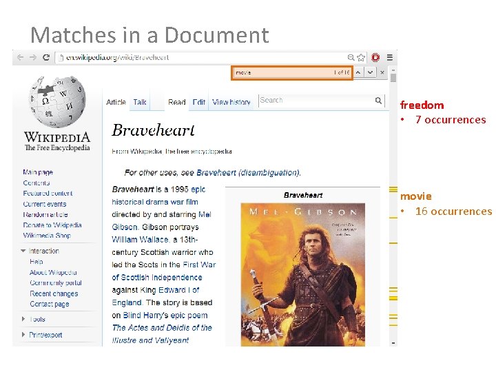Matches in a Document freedom • 7 occurrences movie • 16 occurrences 