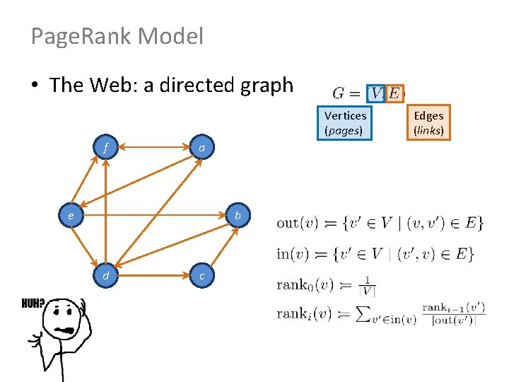 Page. Rank Model • The Web: a directed graph Vertices (pages) f a e