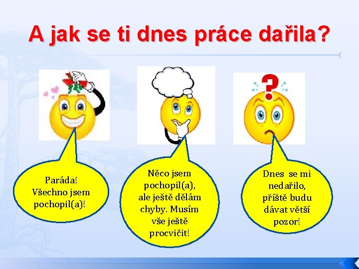 A jak se ti dnes práce dařila? Paráda! Všechno jsem pochopil(a)!! Něco jsem pochopil(a),