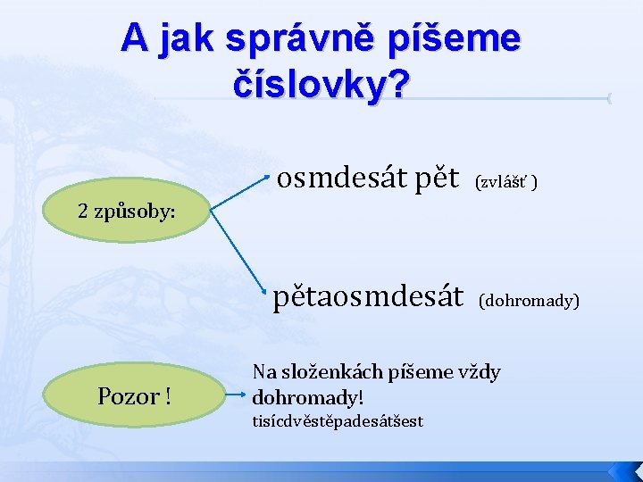 A jak správně píšeme číslovky? osmdesát pět (zvlášť ) pětaosmdesát (dohromady) 2 způsoby: Pozor