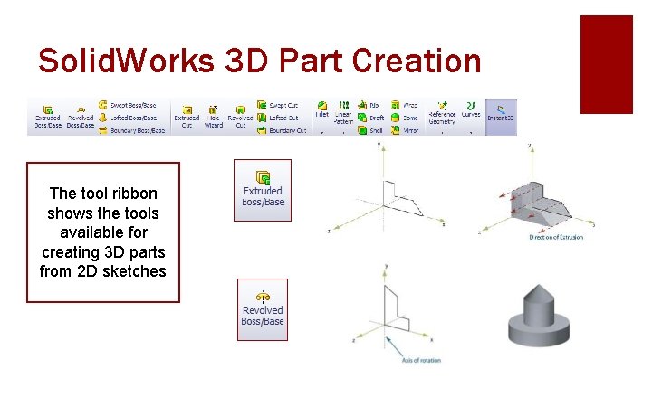 Solid. Works 3 D Part Creation The tool ribbon shows the tools available for