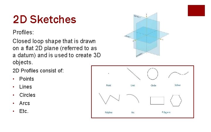 2 D Sketches Profiles: Closed loop shape that is drawn on a flat 2