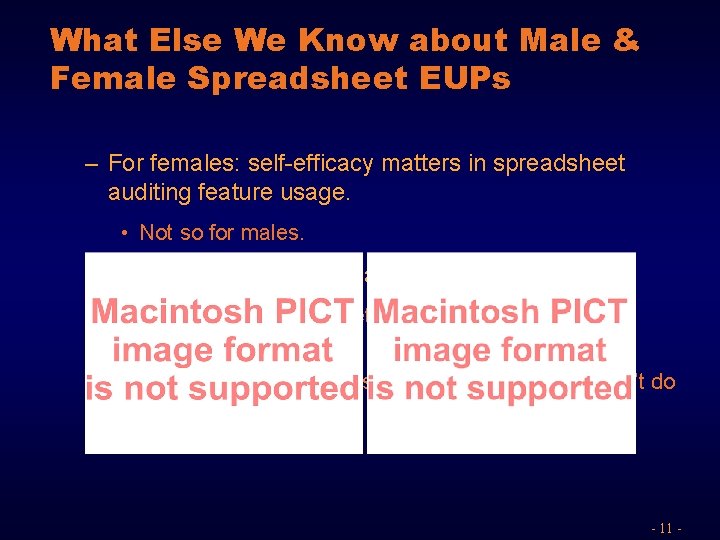 What Else We Know about Male & Female Spreadsheet EUPs – For females: self-efficacy