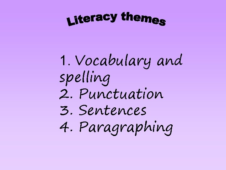 1. Vocabulary and spelling 2. Punctuation 3. Sentences 4. Paragraphing 