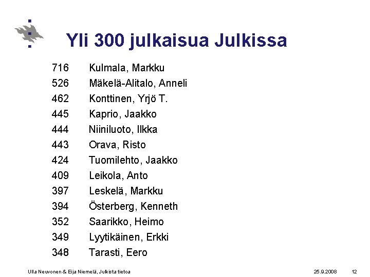 Yli 300 julkaisua Julkissa 716 526 462 445 Kulmala, Markku Mäkelä-Alitalo, Anneli Konttinen, Yrjö