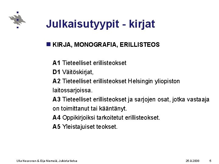 Julkaisutyypit - kirjat n KIRJA, MONOGRAFIA, ERILLISTEOS A 1 Tieteelliset erillisteokset D 1 Väitöskirjat,