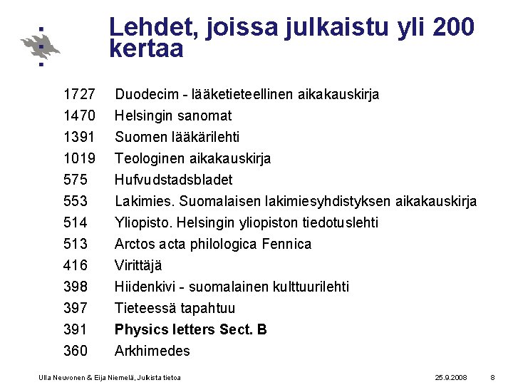 Lehdet, joissa julkaistu yli 200 kertaa 1727 1470 1391 1019 Duodecim - lääketieteellinen aikakauskirja