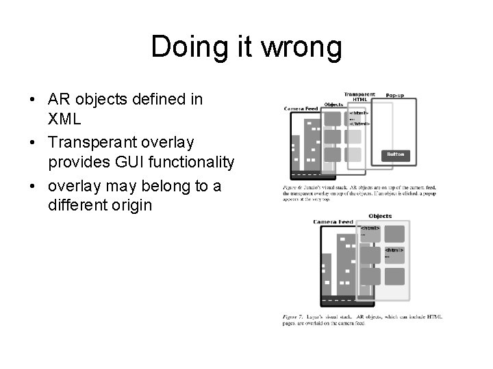 Doing it wrong • AR objects defined in XML • Transperant overlay provides GUI