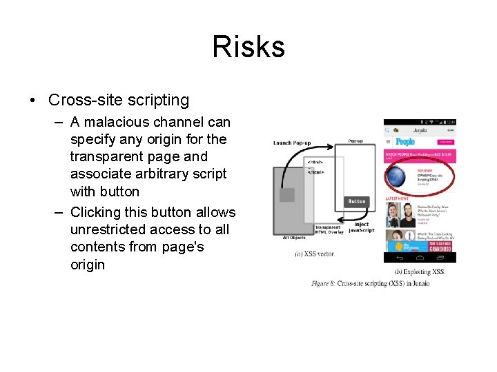 Risks • Cross-site scripting – A malacious channel can specify any origin for the