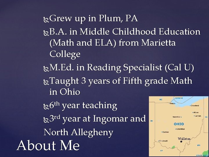 Grew up in Plum, PA B. A. in Middle Childhood Education (Math and ELA) Grew up in Plum, PA B. A. in Middle Childhood Education (Math and ELA)