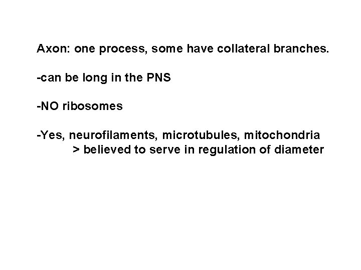 Axon: one process, some have collateral branches. -can be long in the PNS -NO