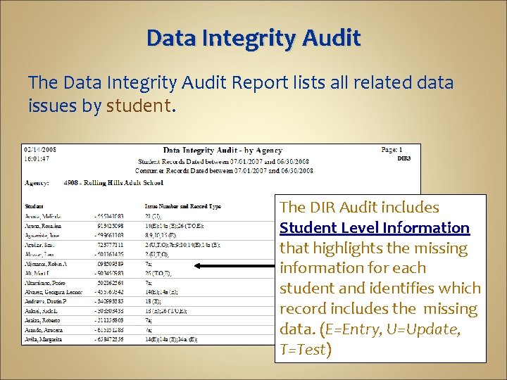 Data Integrity Audit The Data Integrity Audit Report lists all related data issues by