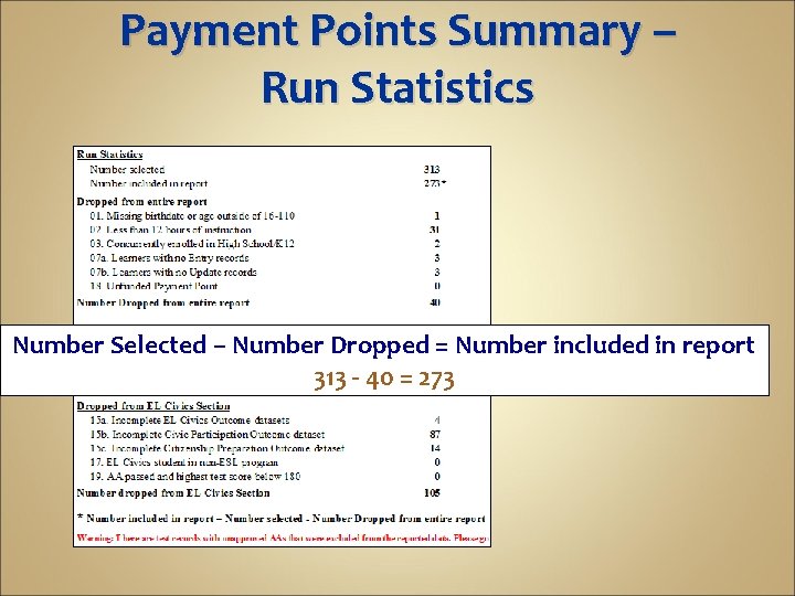 Payment Points Summary – Run Statistics Number Selected – Number Dropped = Number included