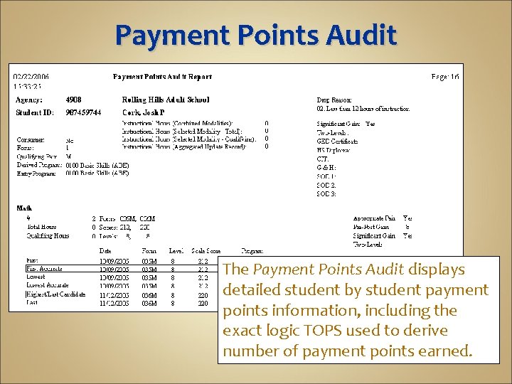 Payment Points Audit The Payment Points Audit displays detailed student by student payment points