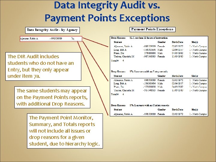 Data Integrity Audit vs. Payment Points Exceptions The DIR Audit includes students who do