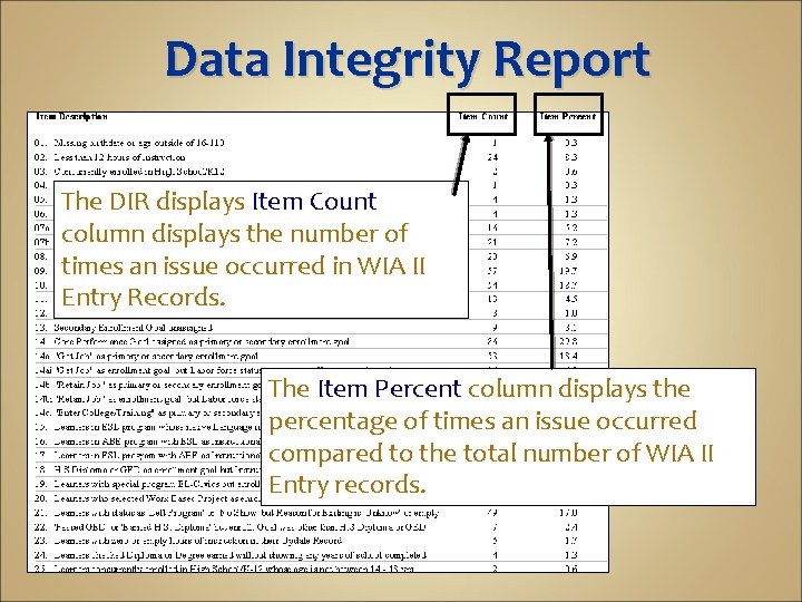 Data Integrity Report The DIR displays Item Count column displays the number of times