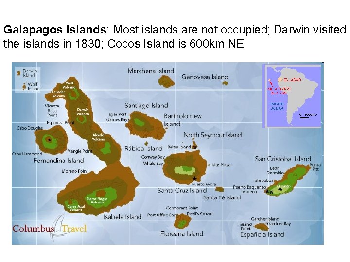 Galapagos Islands: Most islands are not occupied; Darwin visited the islands in 1830; Cocos