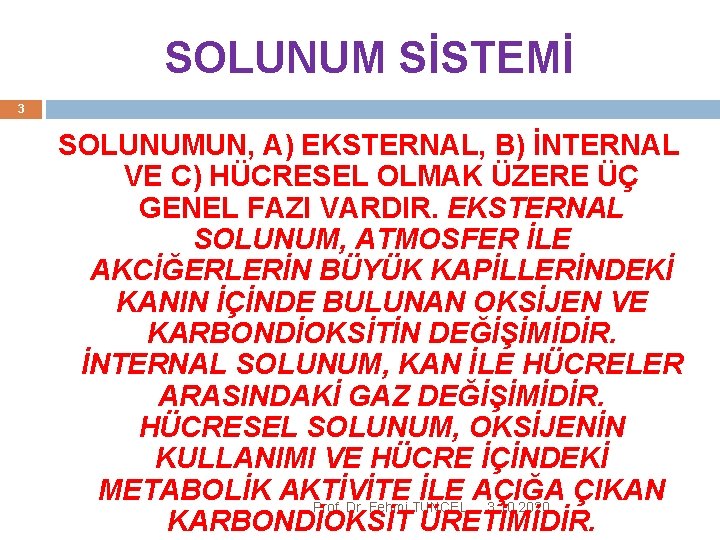 SOLUNUM SİSTEMİ 3 SOLUNUMUN, A) EKSTERNAL, B) İNTERNAL VE C) HÜCRESEL OLMAK ÜZERE ÜÇ