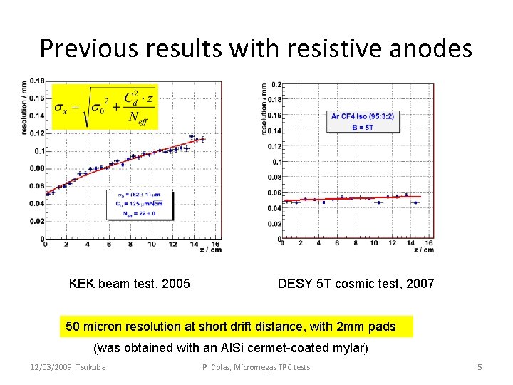 Previous results with resistive anodes KEK beam test, 2005 DESY 5 T cosmic test, Previous results with resistive anodes KEK beam test, 2005 DESY 5 T cosmic test,