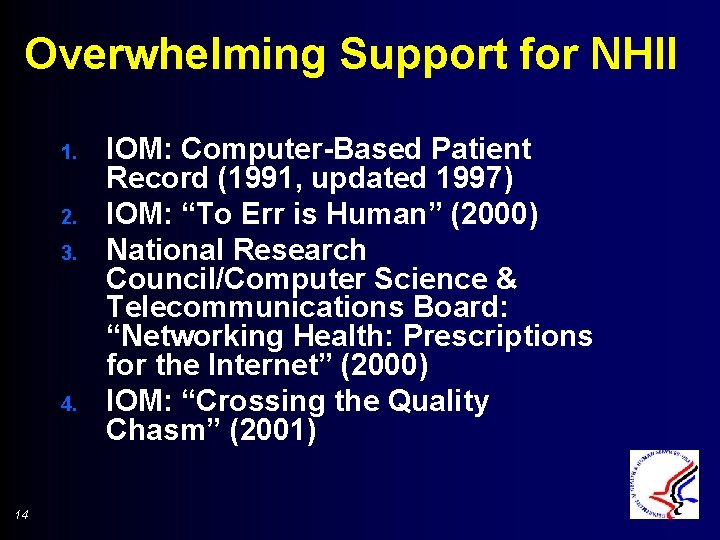 Overwhelming Support for NHII 1. 2. 3. 4. 14 IOM: Computer-Based Patient Record (1991,
