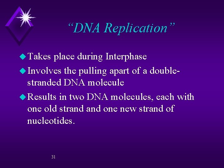 “DNA Replication” u Takes place during Interphase u Involves the pulling apart of a