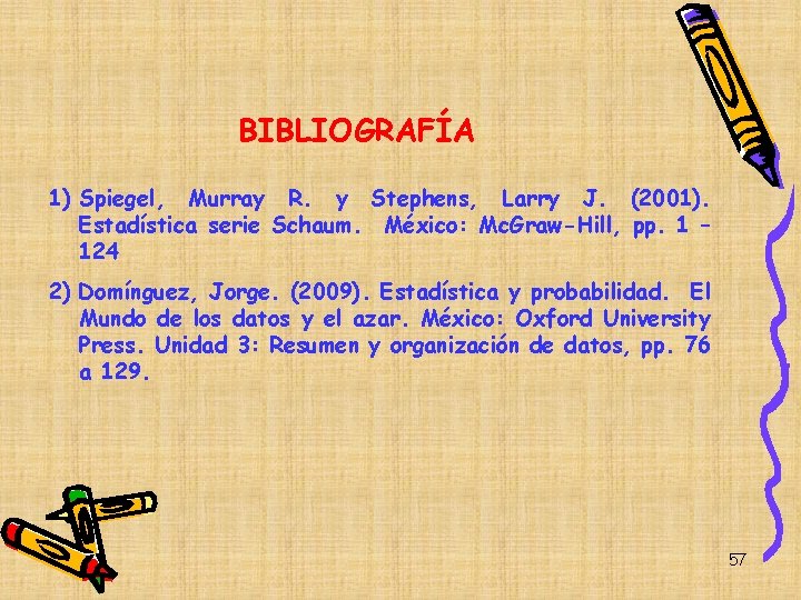 BIBLIOGRAFÍA 1) Spiegel, Murray R. y Stephens, Larry J. (2001). Estadística serie Schaum. México: