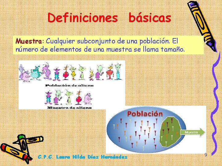 Definiciones básicas Muestra: Cualquier subconjunto de una población. El número de elementos de una