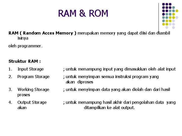 RAM & ROM RAM ( Random Acces Memory ) merupakan memory yang dapat diisi