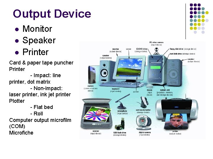 Output Device l l l Monitor Speaker Printer Card & paper tape puncher Printer