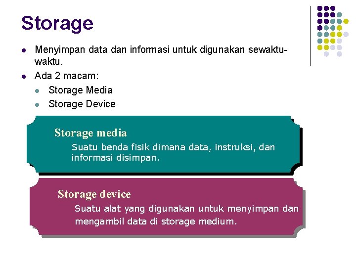 Storage l l Menyimpan data dan informasi untuk digunakan sewaktu. Ada 2 macam: l