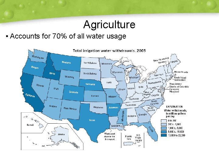 Agriculture • Accounts for 70% of all water usage 