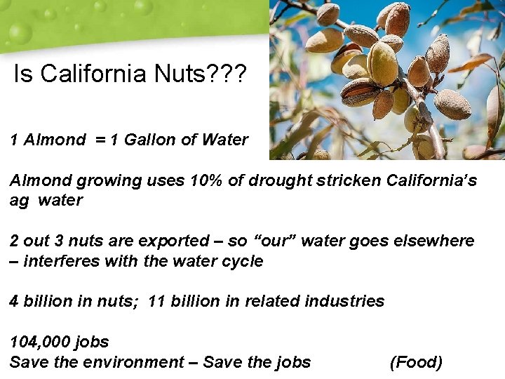 Is California Nuts? ? ? 1 Almond = 1 Gallon of Water Almond growing