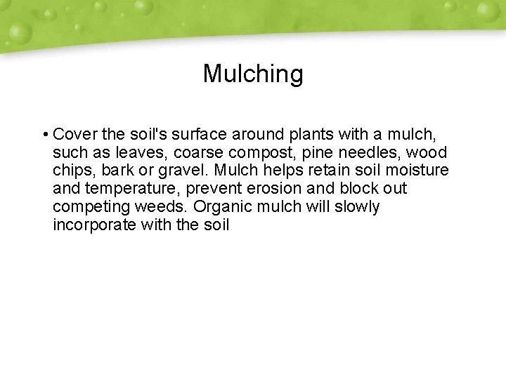 Mulching • Cover the soil's surface around plants with a mulch, such as leaves,