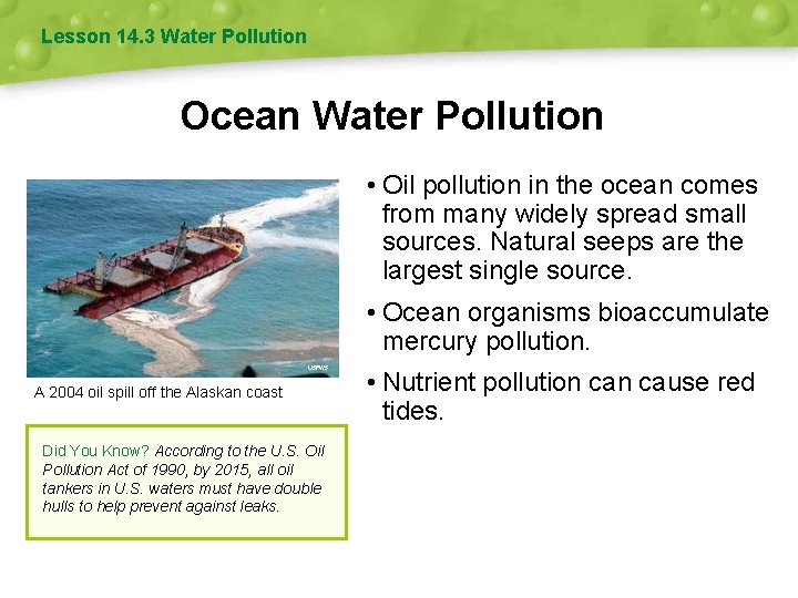 Lesson 14. 3 Water Pollution Ocean Water Pollution • Oil pollution in the ocean