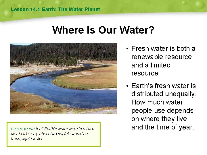 Lesson 14. 1 Earth: The Water Planet Where Is Our Water? • Fresh water