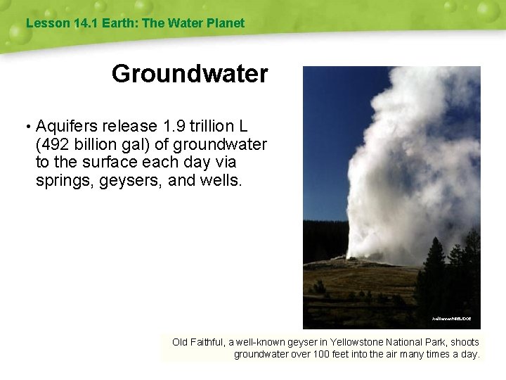 Lesson 14. 1 Earth: The Water Planet Groundwater • Aquifers release 1. 9 trillion