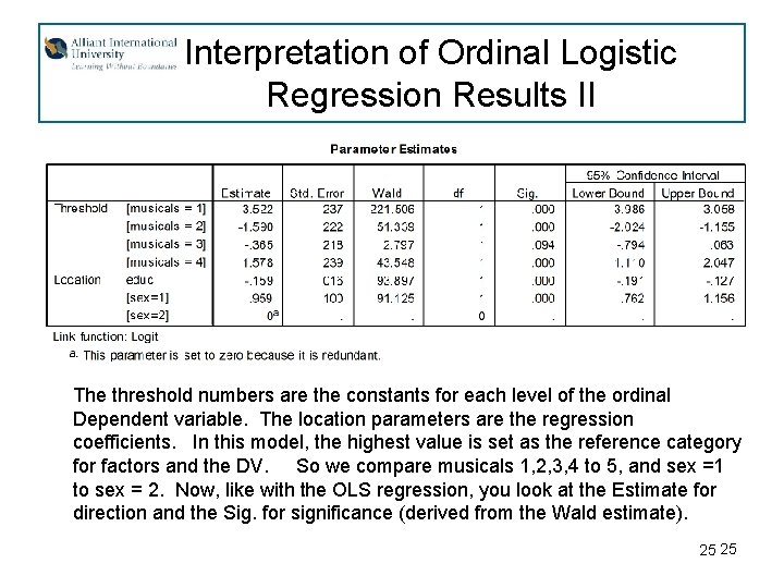 Interpretation of Ordinal Logistic Regression Results II The threshold numbers are the constants for