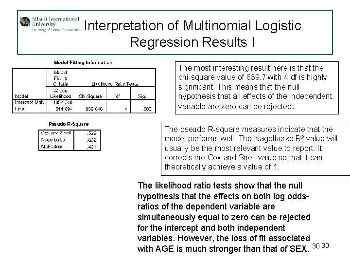 Interpretation of Multinomial Logistic Regression Results I The most interesting result here is that