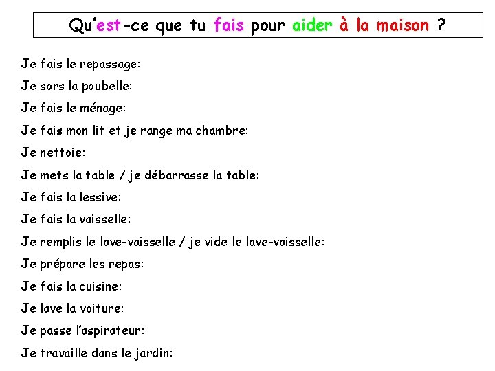 Qu’est-ce que tu fais pour aider à la maison ? Je fais le repassage: