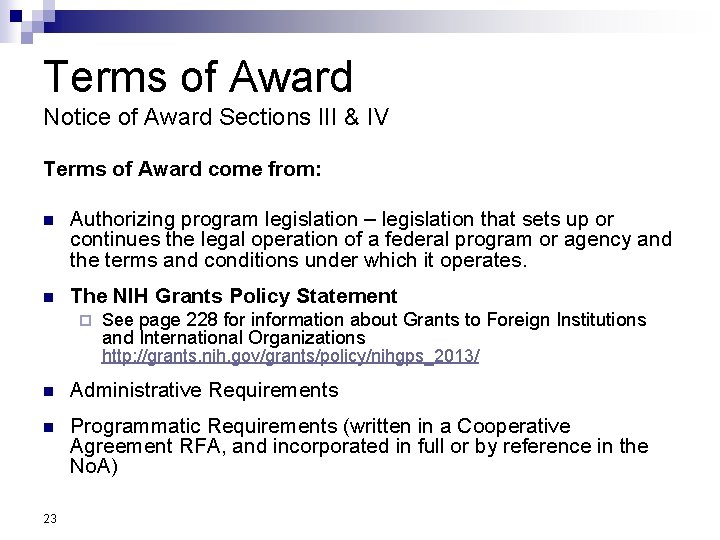 Terms of Award Notice of Award Sections III & IV Terms of Award come